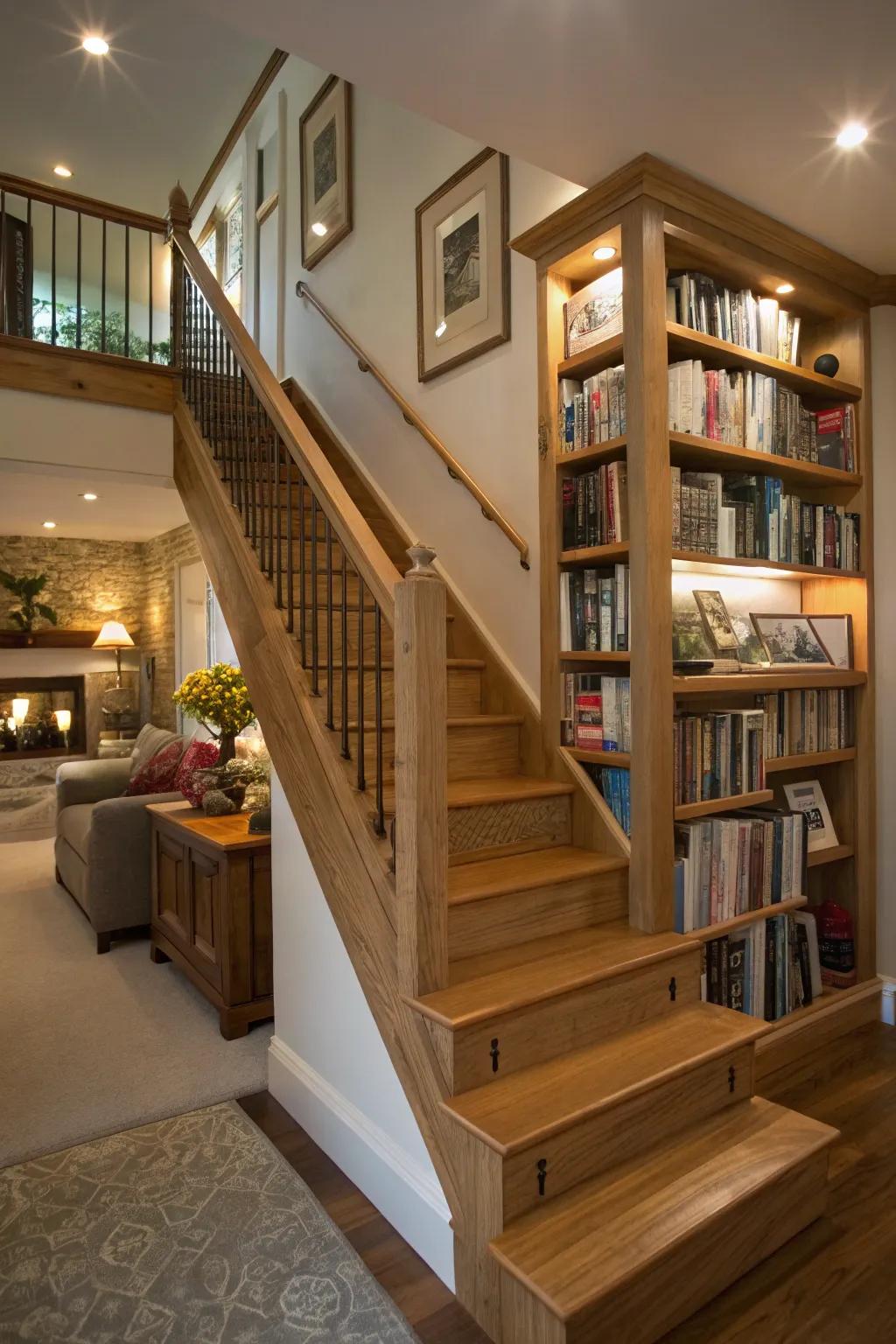 Utilize stairwell space with built-in bookshelves.