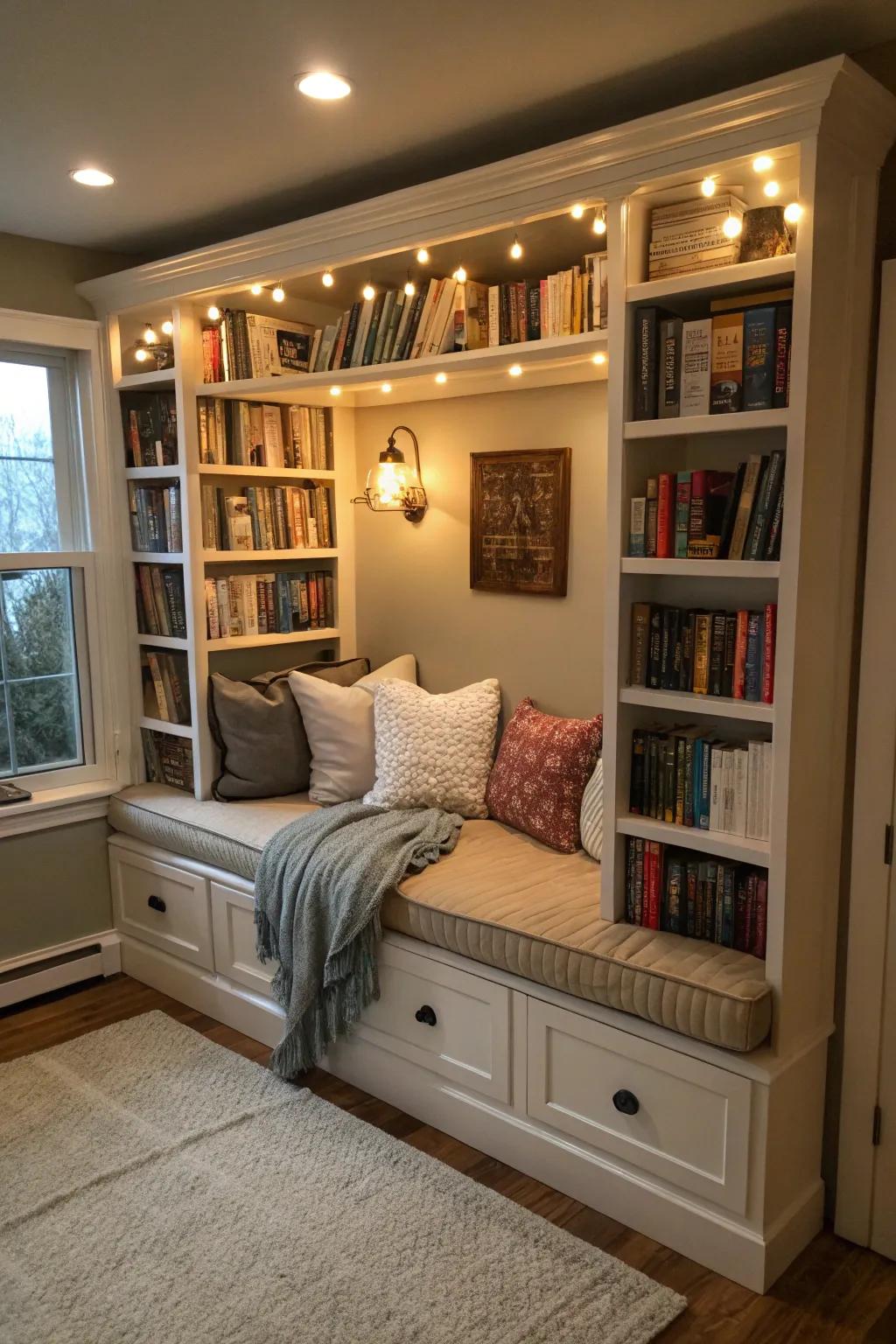 Multi-use bookshelves combine storage with added features.