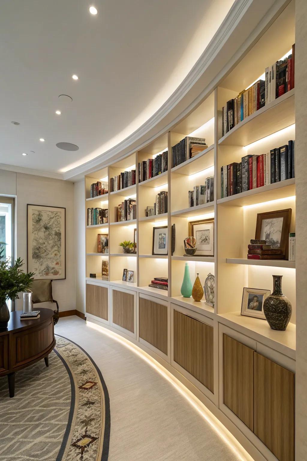 Curved bookshelves add softness and sophistication.