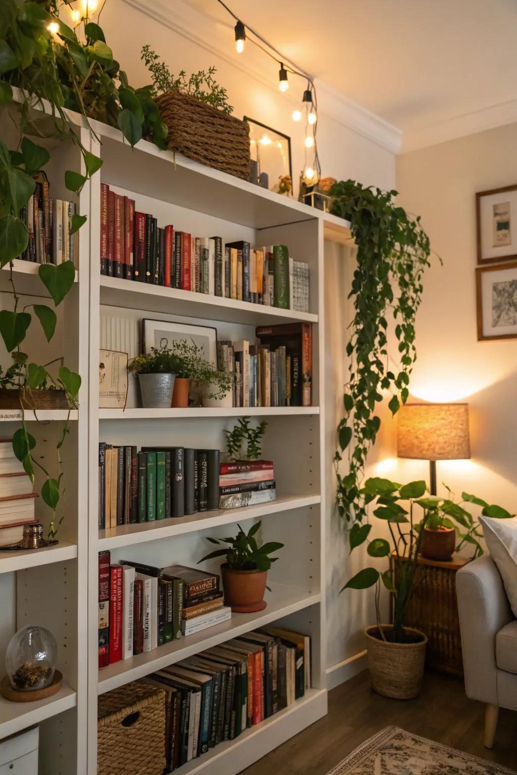 Eclectic bookshelf arrangements showcase personality and warmth.