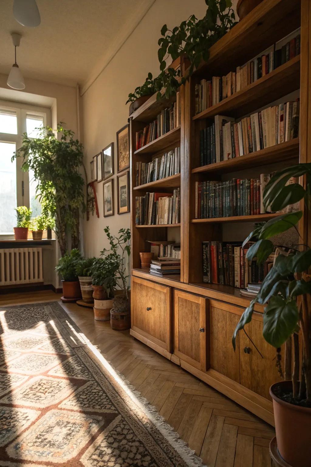 Natural wood bookshelves create a warm, inviting atmosphere.