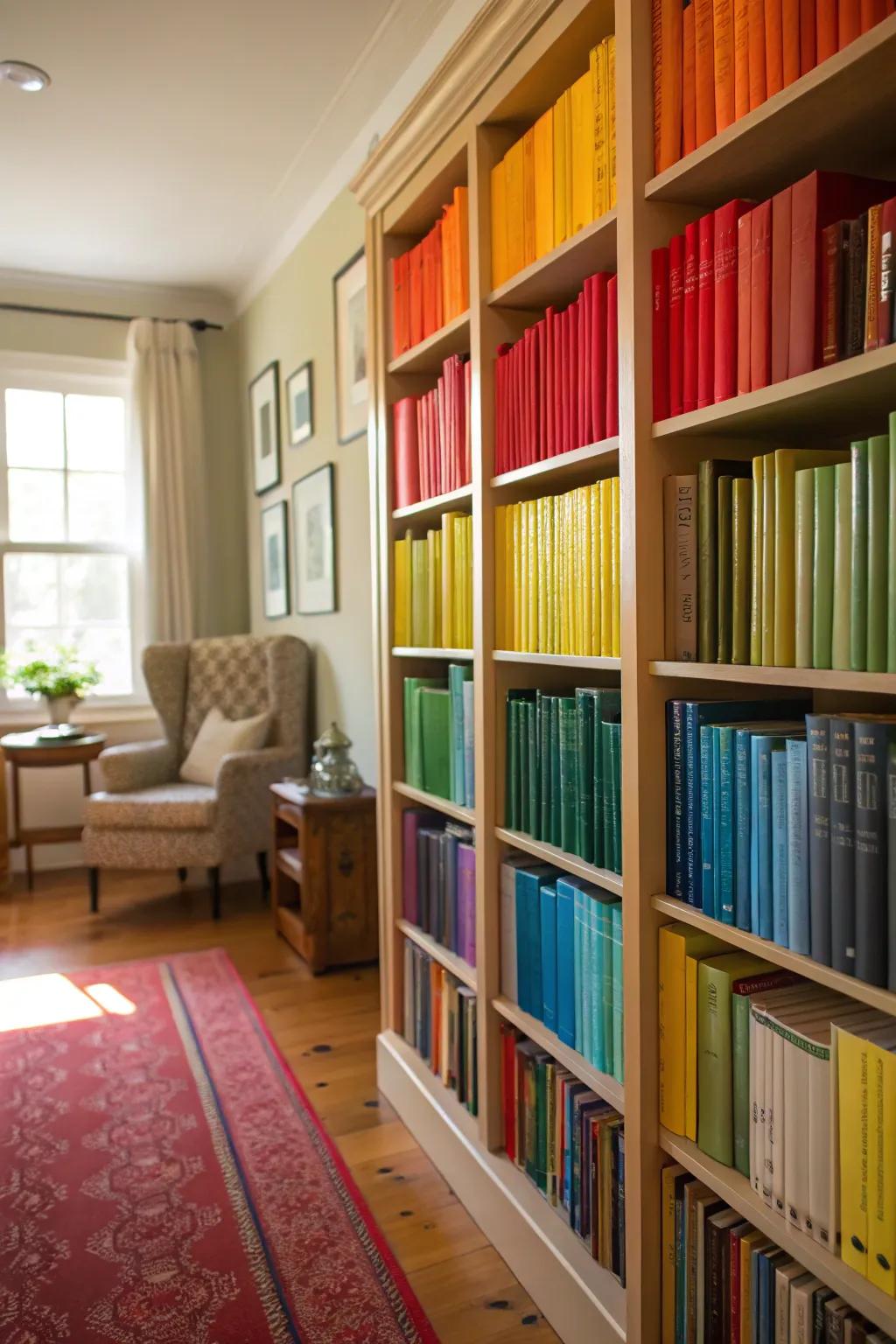 Color-coordinated bookshelves create a vibrant and artistic display.
