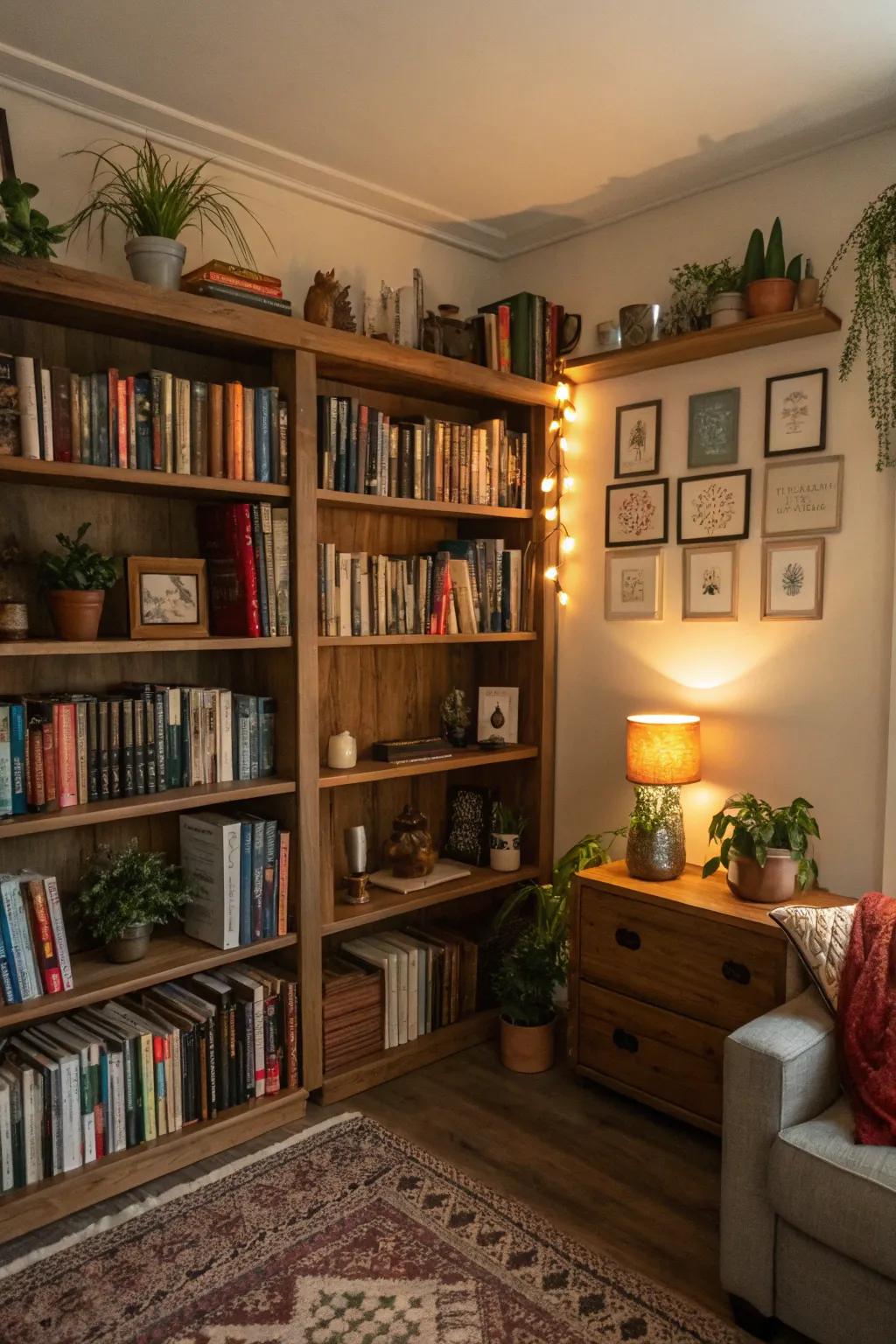 Corner bookshelves maximize unused spaces effectively.