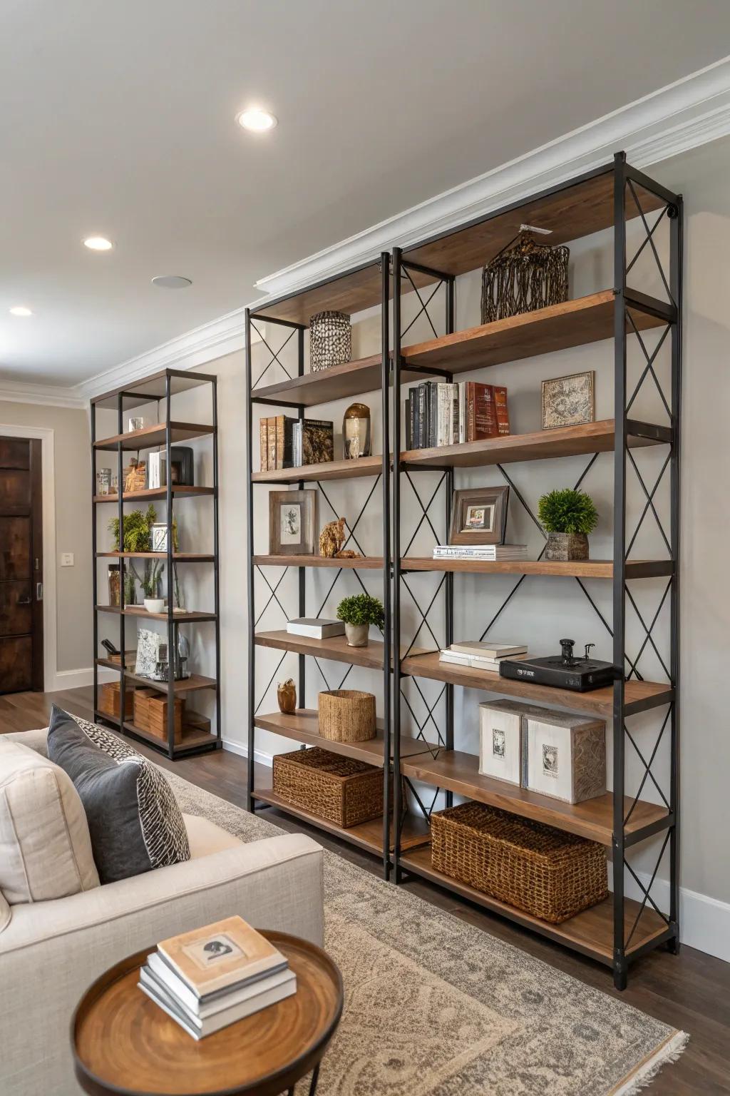 Bookshelves combining wood and metal add texture and style.