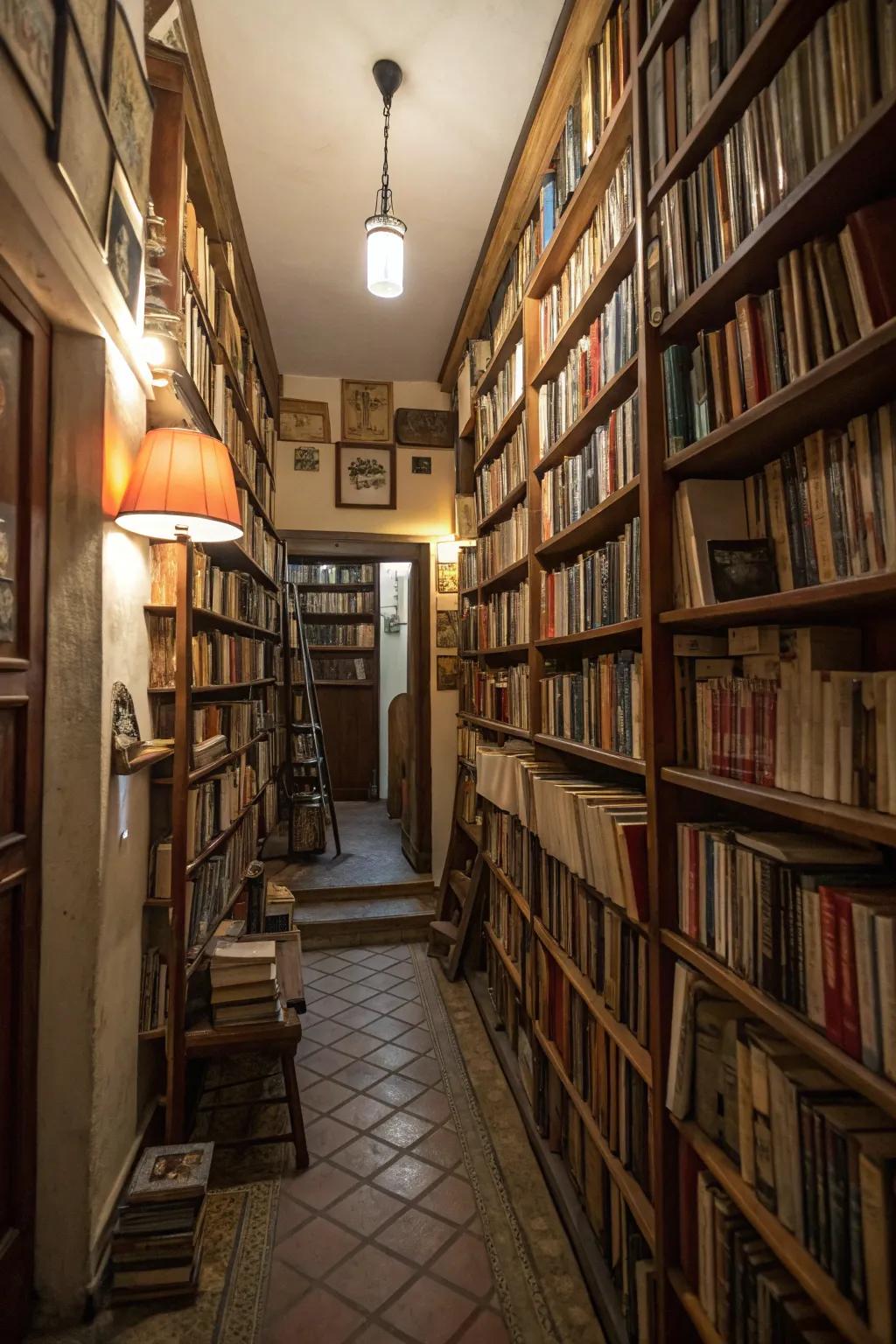 Tall bookshelves maximize vertical space and storage capacity.