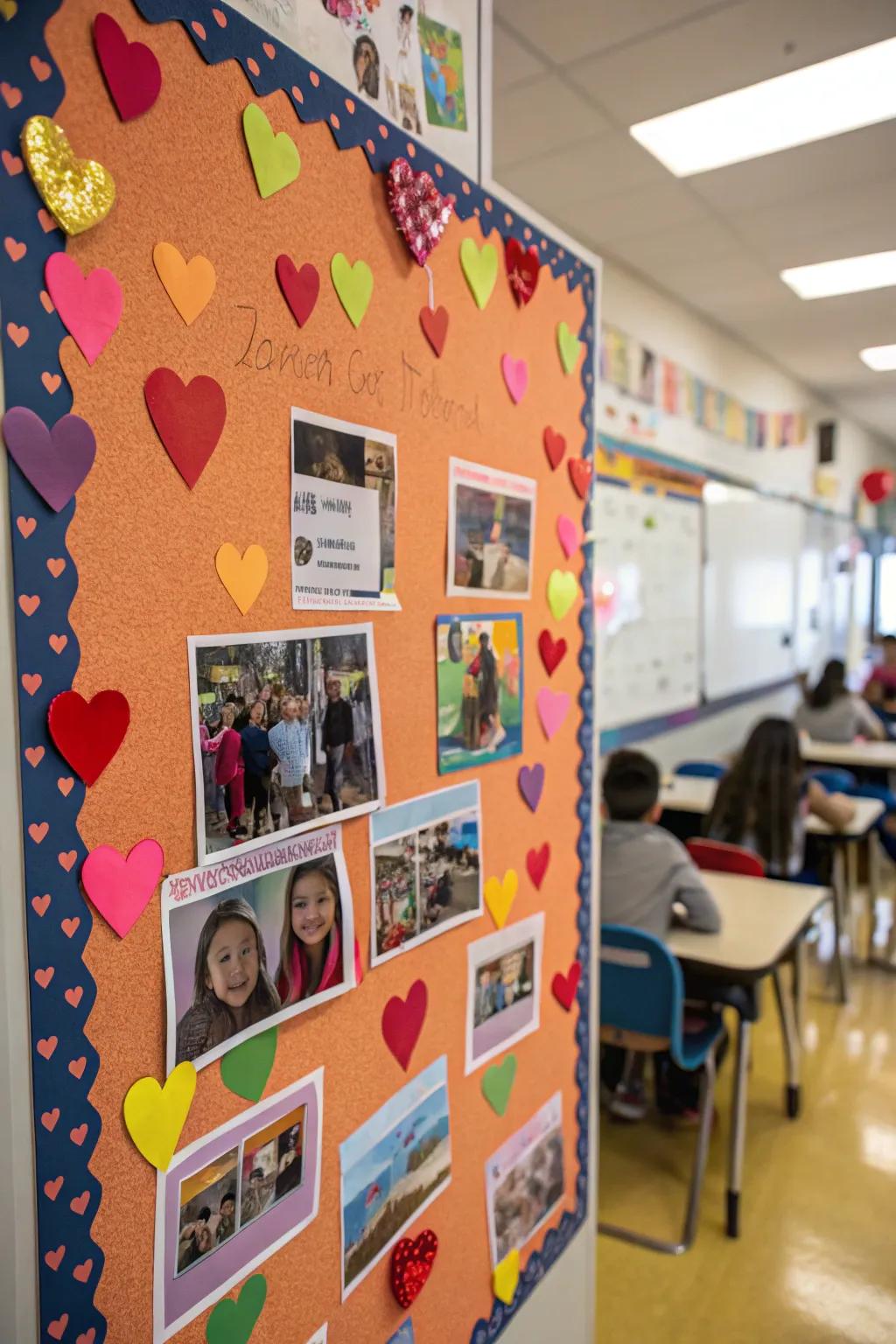 Selfie board adorned with photos and heart-themed decorations.