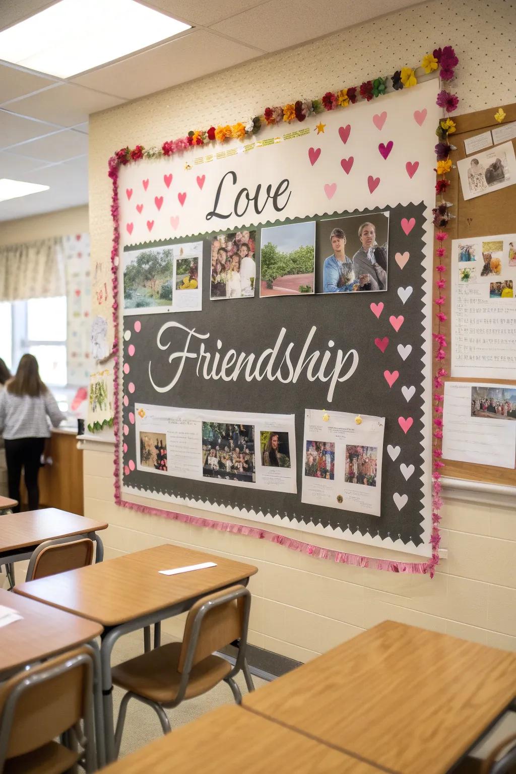Bulletin board showcasing motivational quotes about love and friendship.