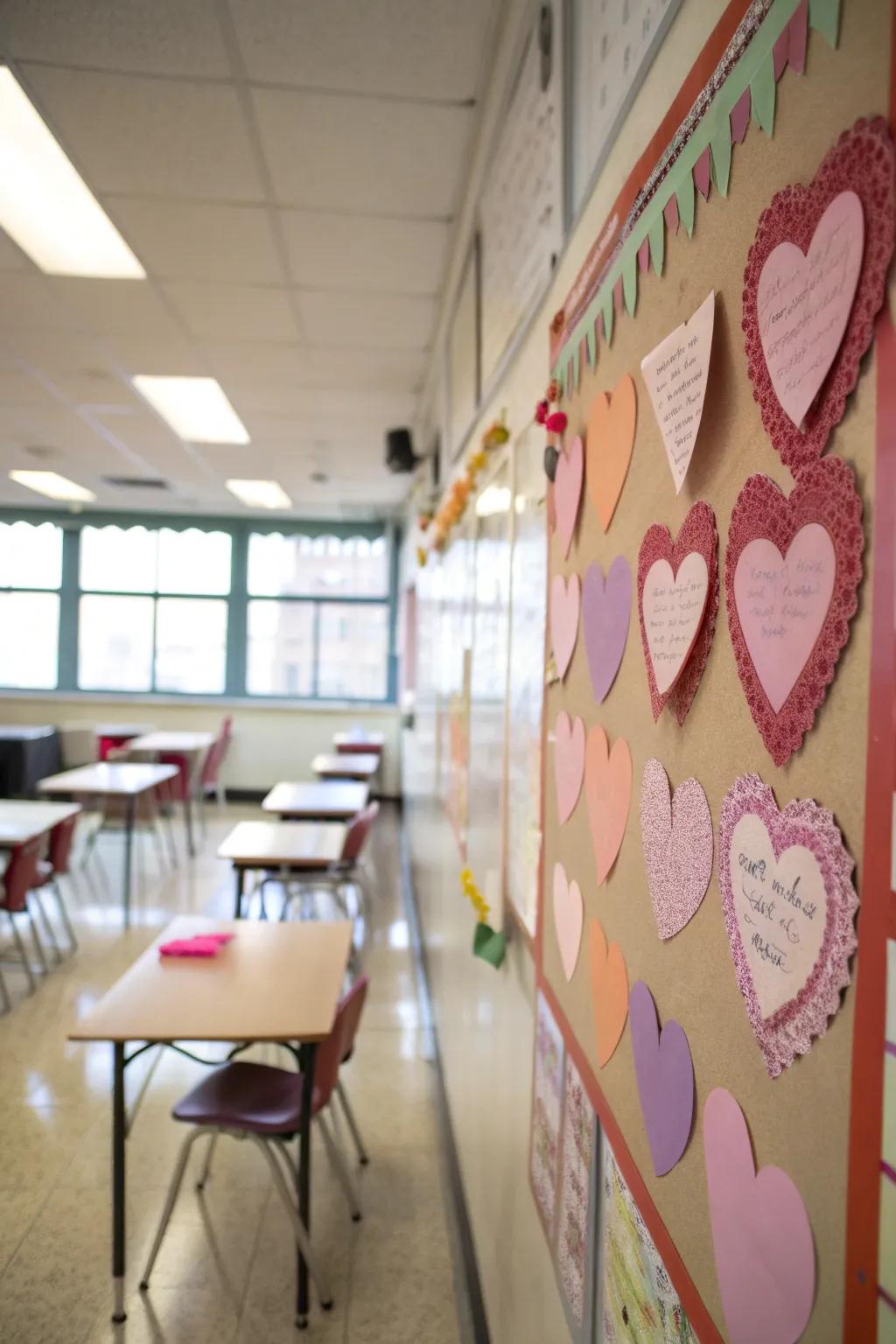 Bulletin board adorned with heart-shaped notes filled with loving messages.