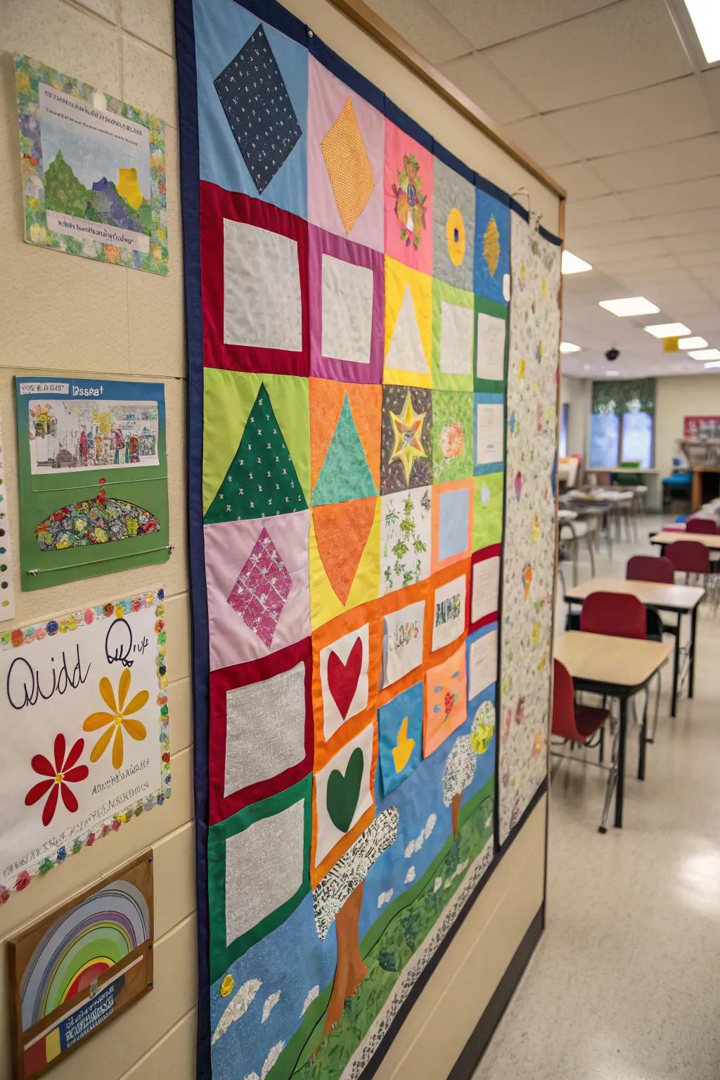 A colorful patchwork quilt made from decorated paper squares.