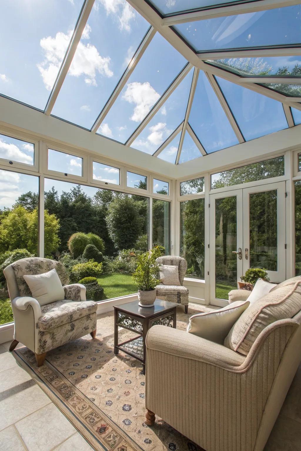 Bask in natural sunlight inside a sunroom-style patio enclosure.
