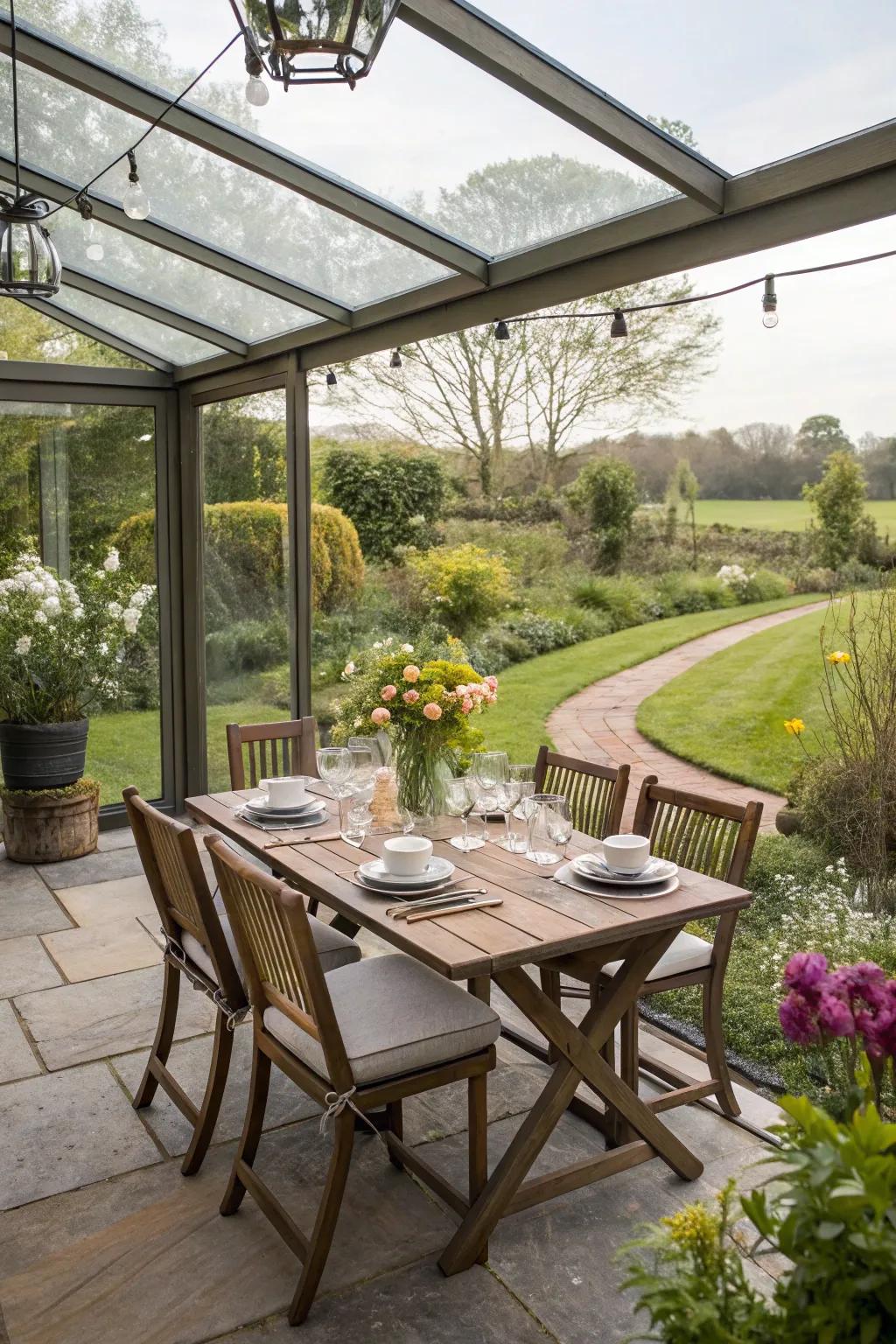 Savor meals surrounded by nature in a glass-enclosed dining area.