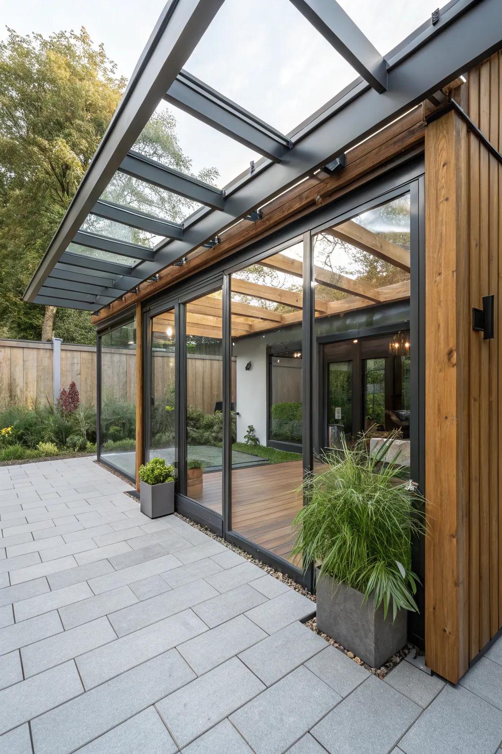 Combine different materials for a distinctive patio enclosure look.