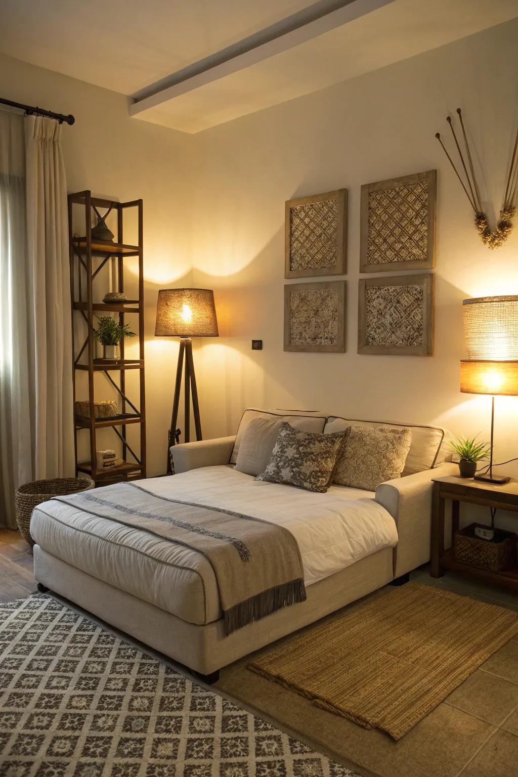 Multiple lighting sources create a cozy atmosphere.