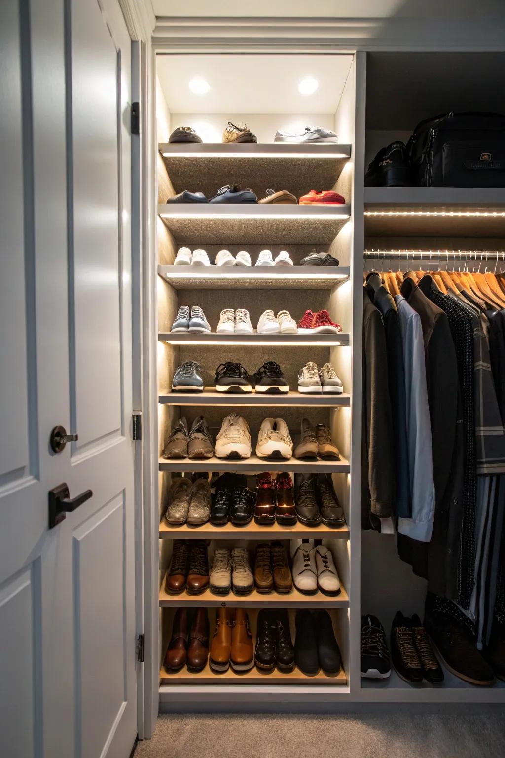 Strategic lighting enhances closet features.