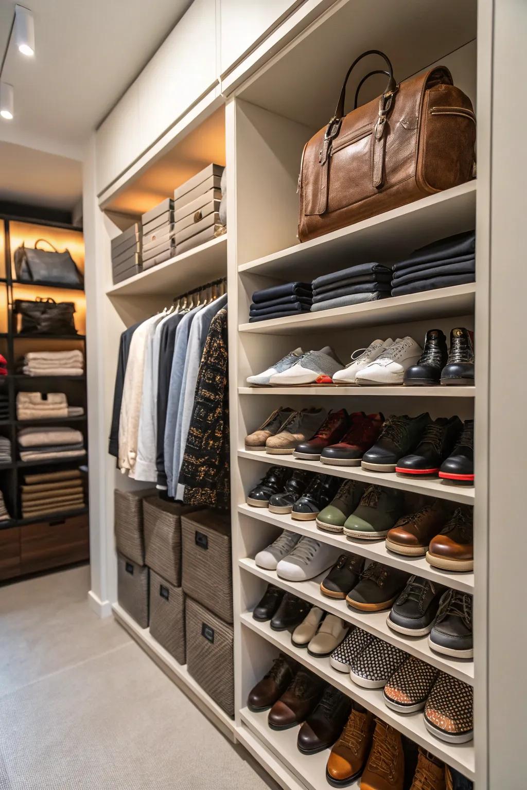 Utilizing vertical space efficiently in a small closet.