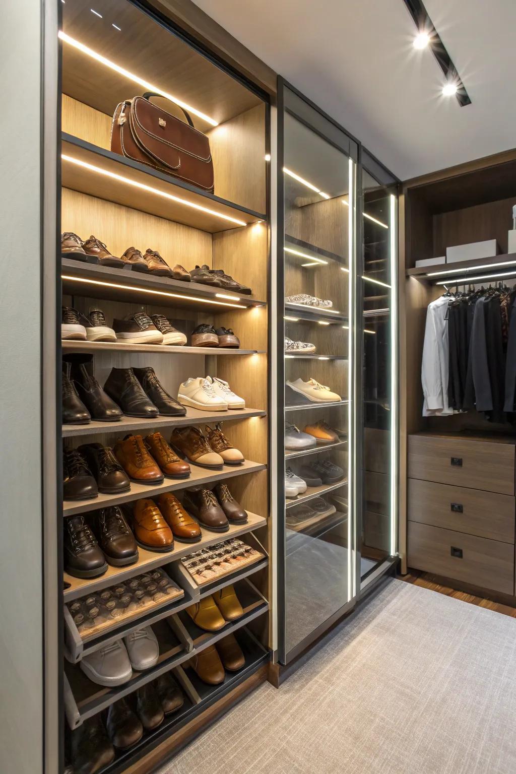 Custom shoe racks for an organized closet.
