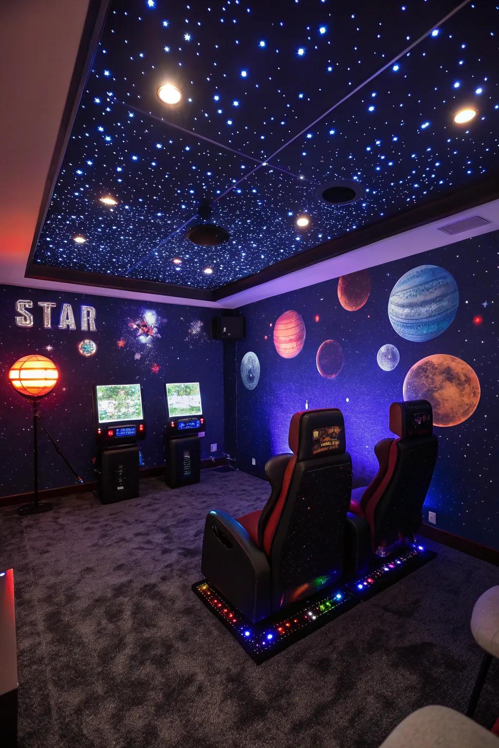 Space-themed gaming room with cosmic decor