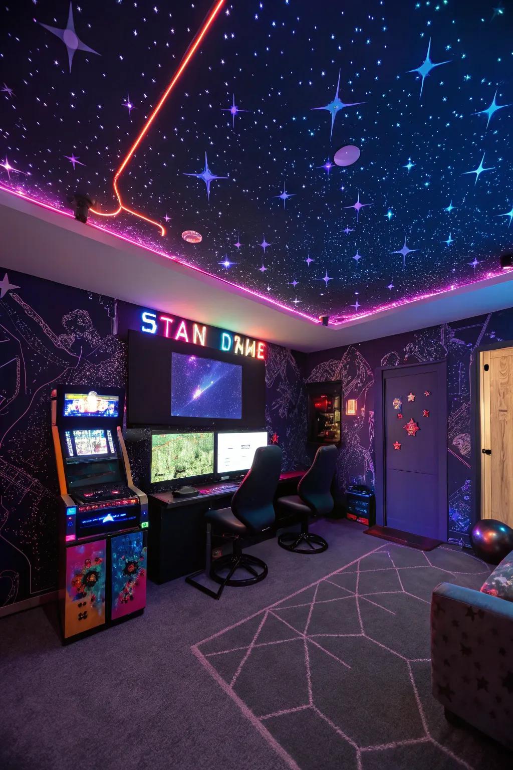Glow-in-the-dark elements adding magic to a gaming room