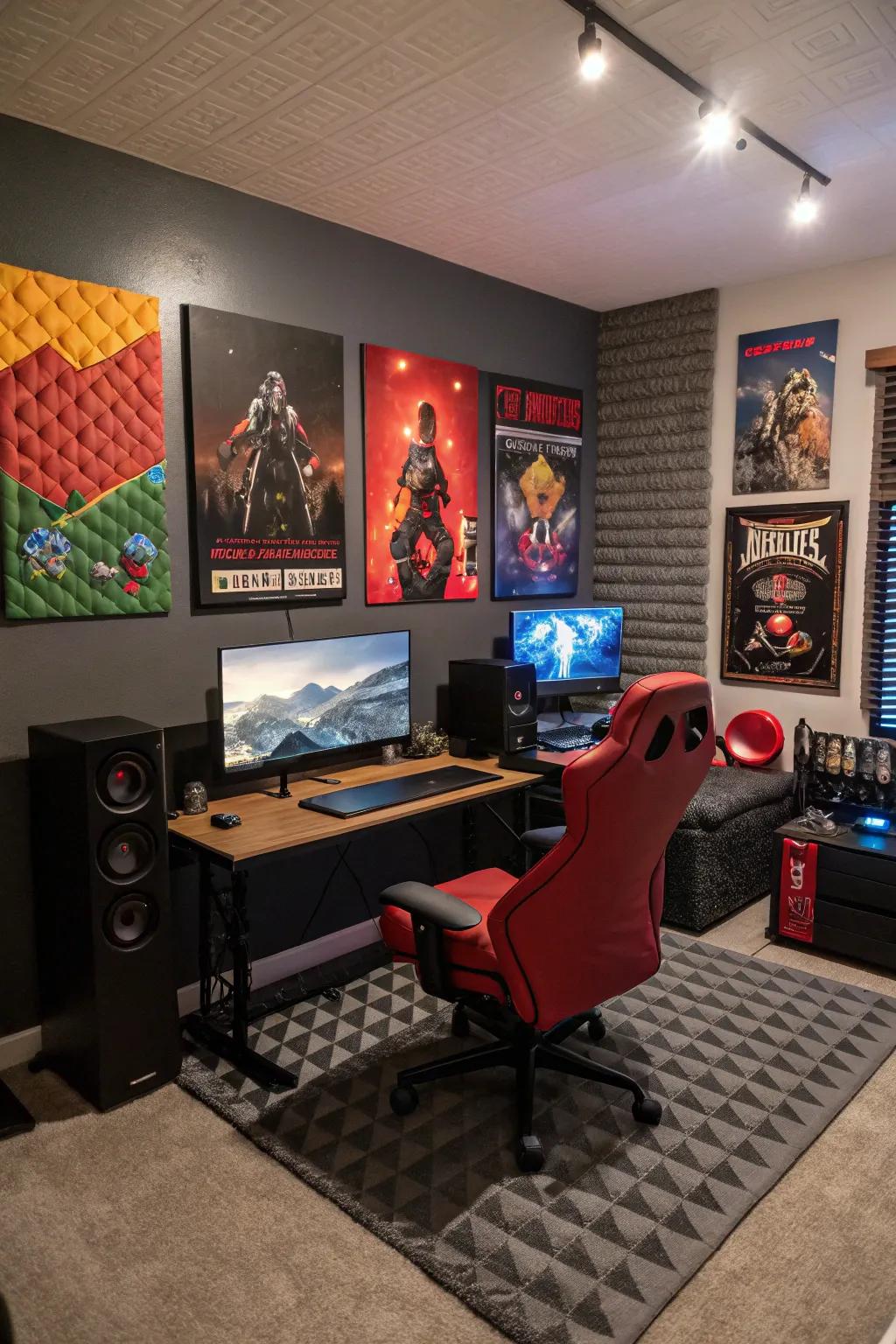 Themed wall decorations and acoustic panels in a gaming room
