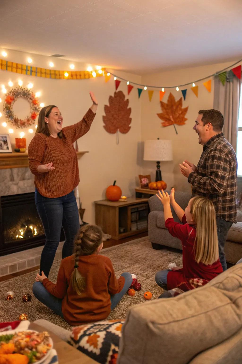 Family members laughing during a Thanksgiving charades game.