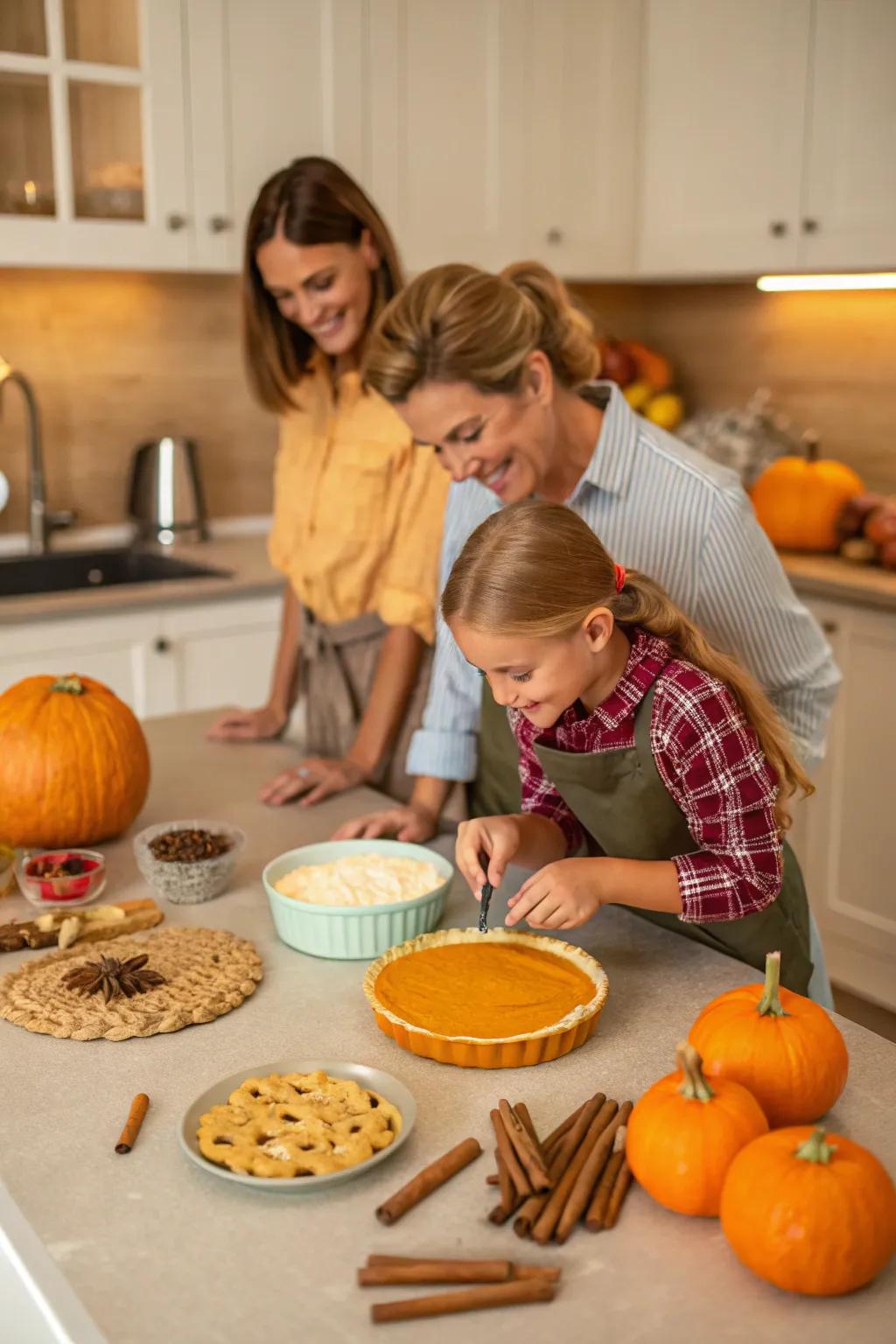 Family baking Thanksgiving desserts surrounded by seasonal ingredients.