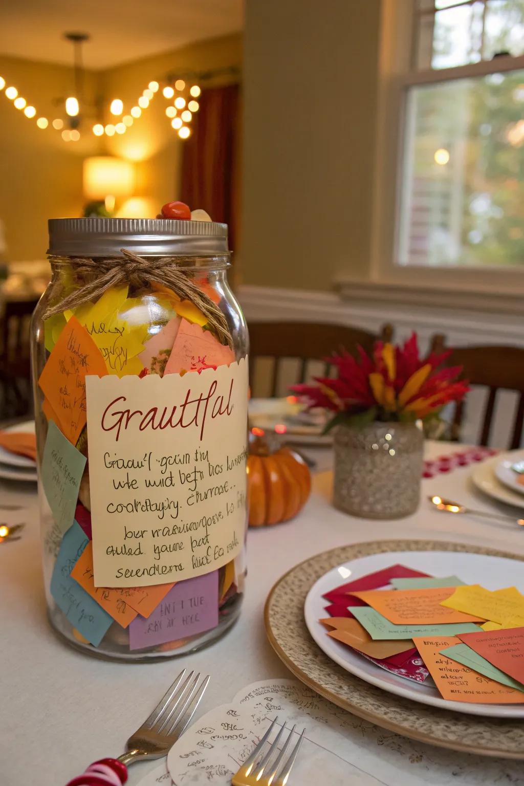 A gratitude jar filled with colorful notes of thankfulness.