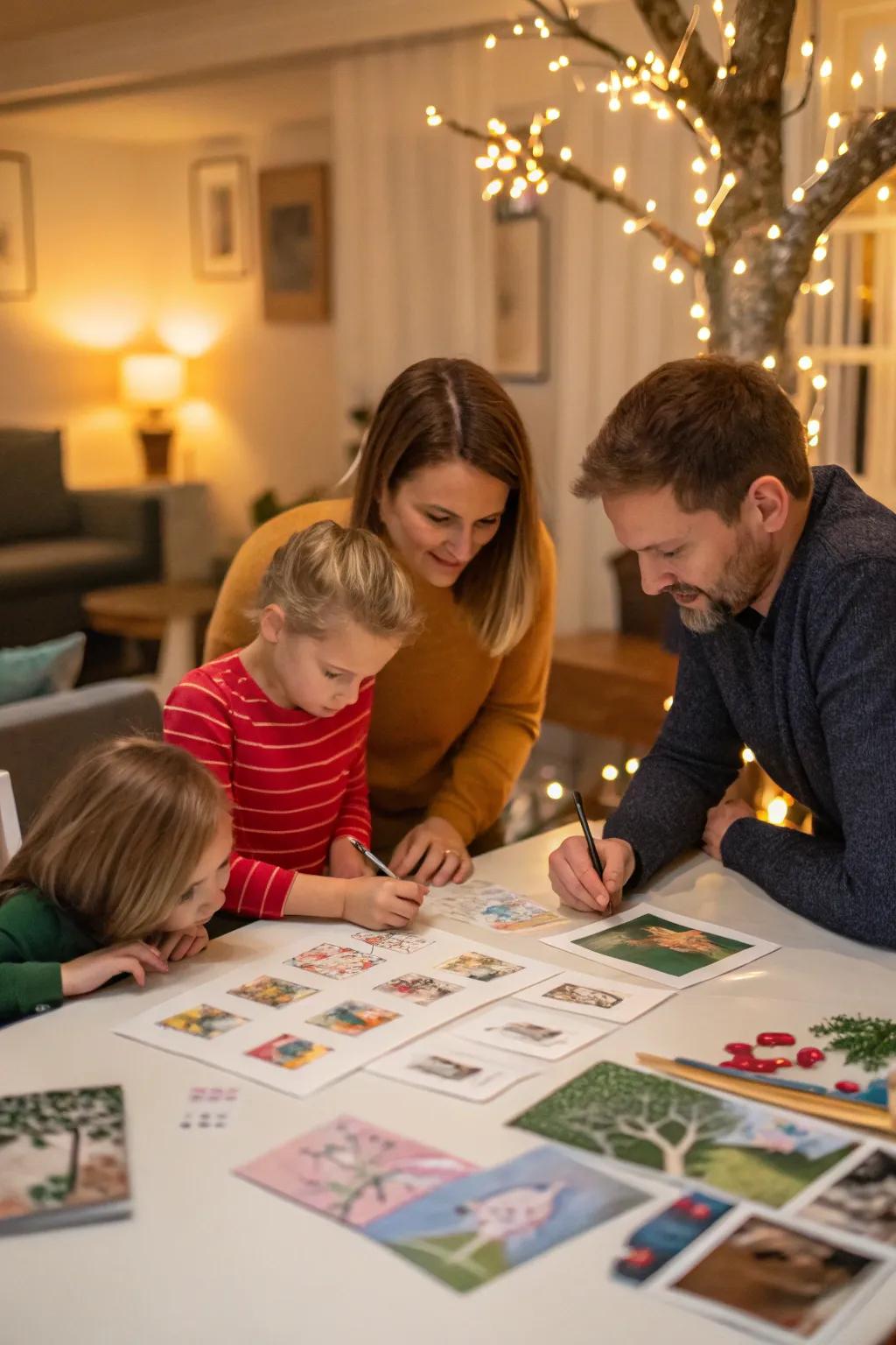 Family members collaborating on a detailed family tree.