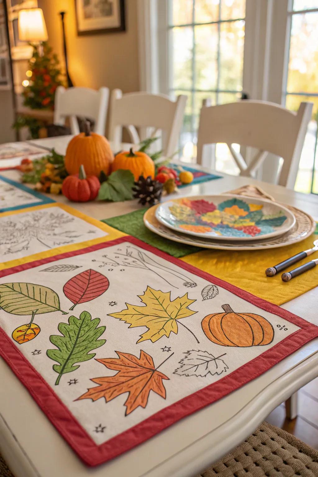 Kids creating personalized Thanksgiving placemats for the dinner table.