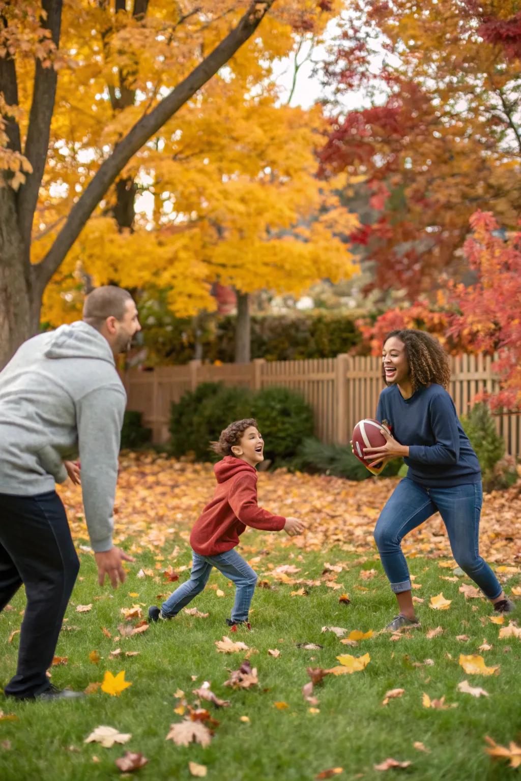 Family playing an energetic flag football game on a crisp fall day.