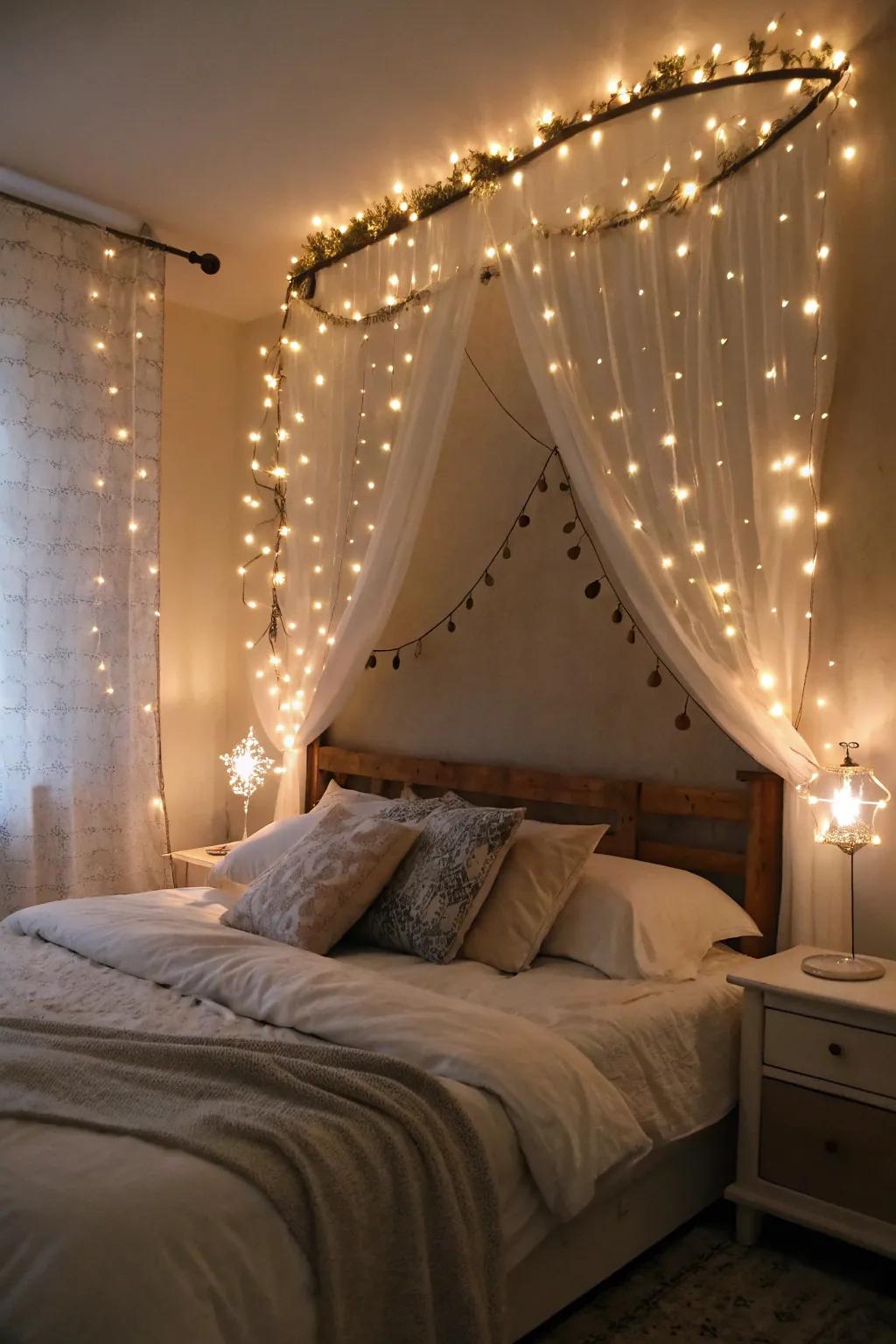 Fairy lights create a dreamy ambiance.
