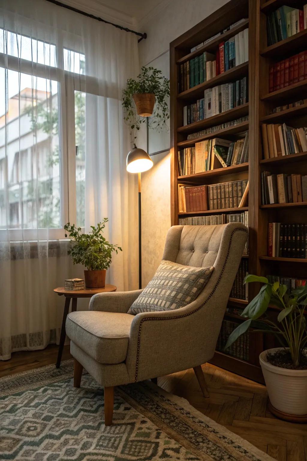 A cozy reading nook offers a peaceful retreat.