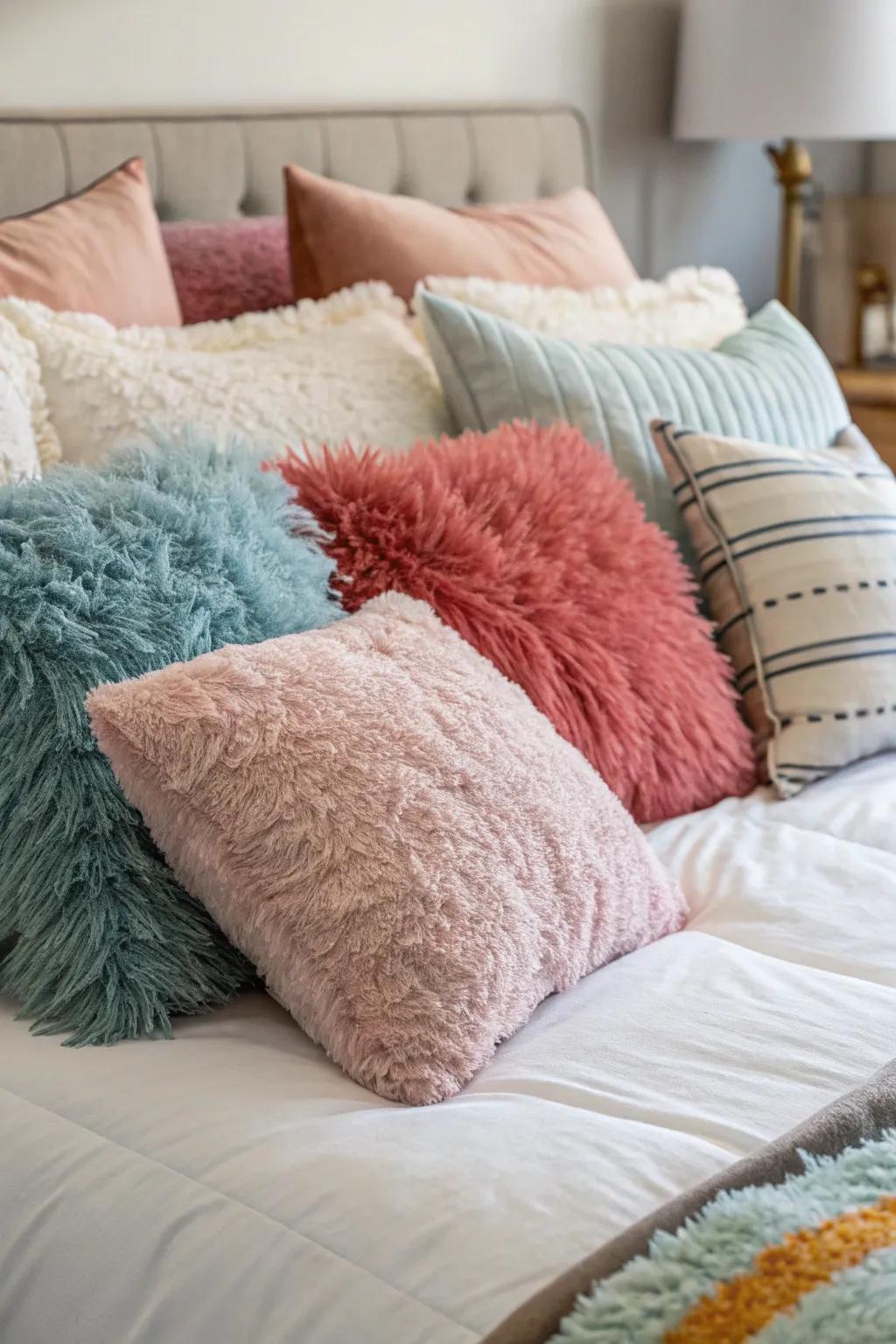 Layered pillows create a warm and inviting bed.