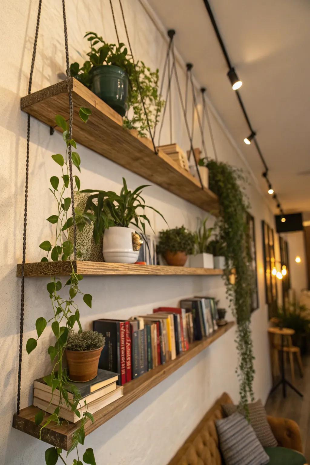 Floating shelves provide elegant display space.