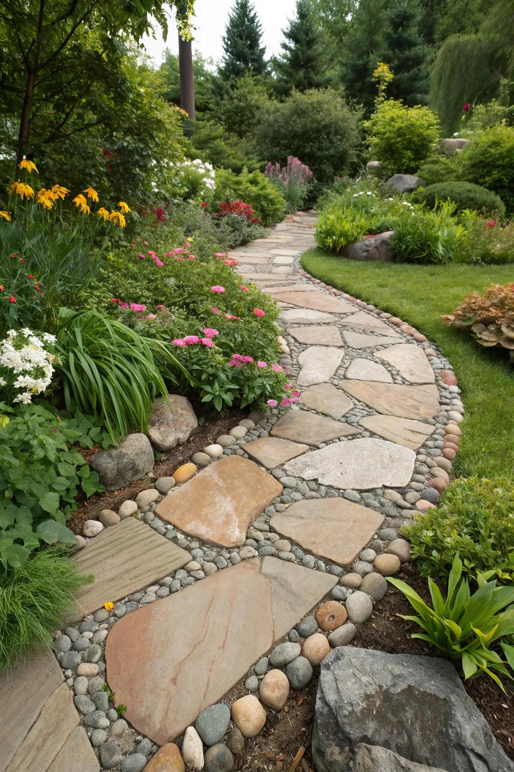 Decorative stones creating texture and visual interest between flagstones.