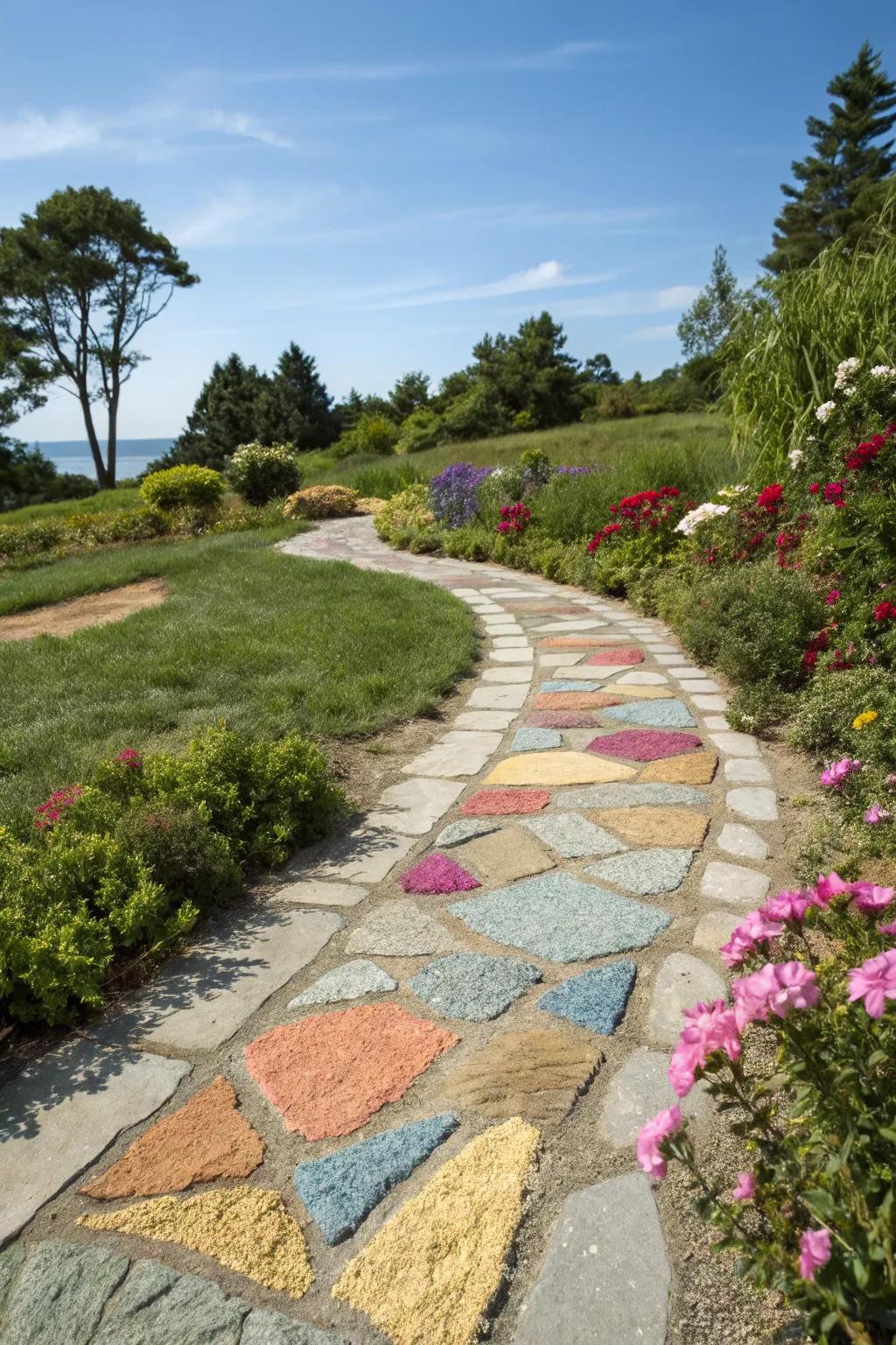 Bright colored sand adding a playful accent to flagstone paths.