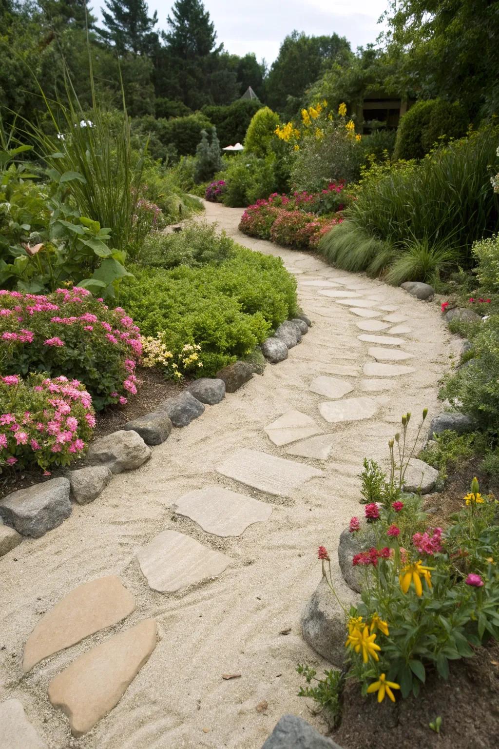 Flagstone path with sand filling for a smooth, natural look.