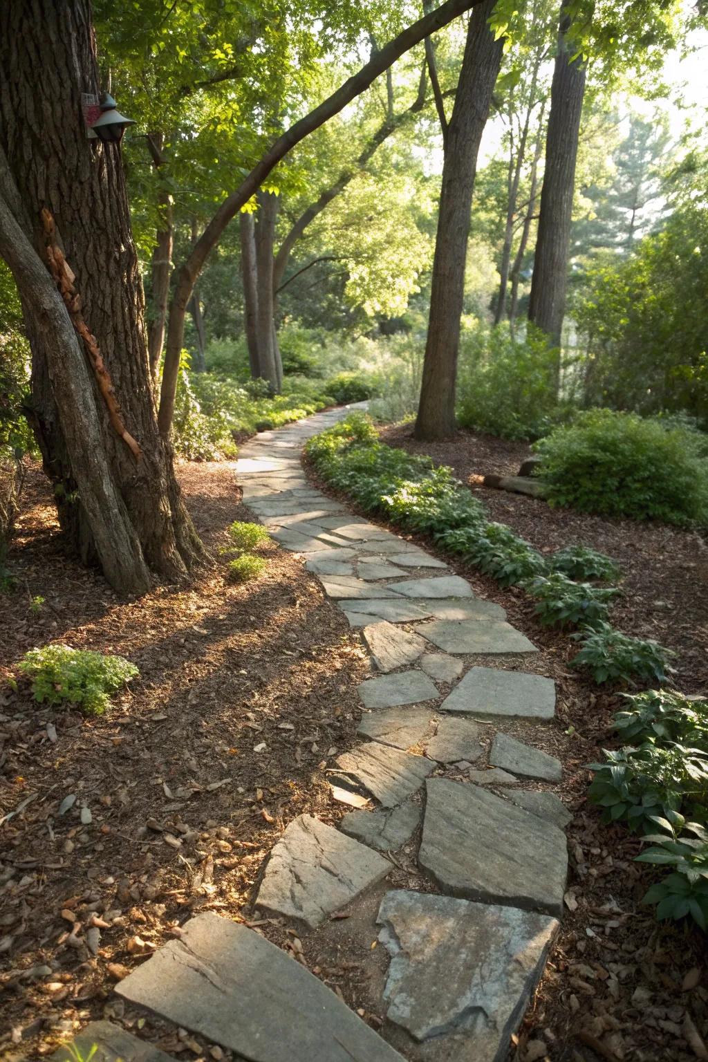 Bark mulch creating a warm, rustic feel between flagstones.