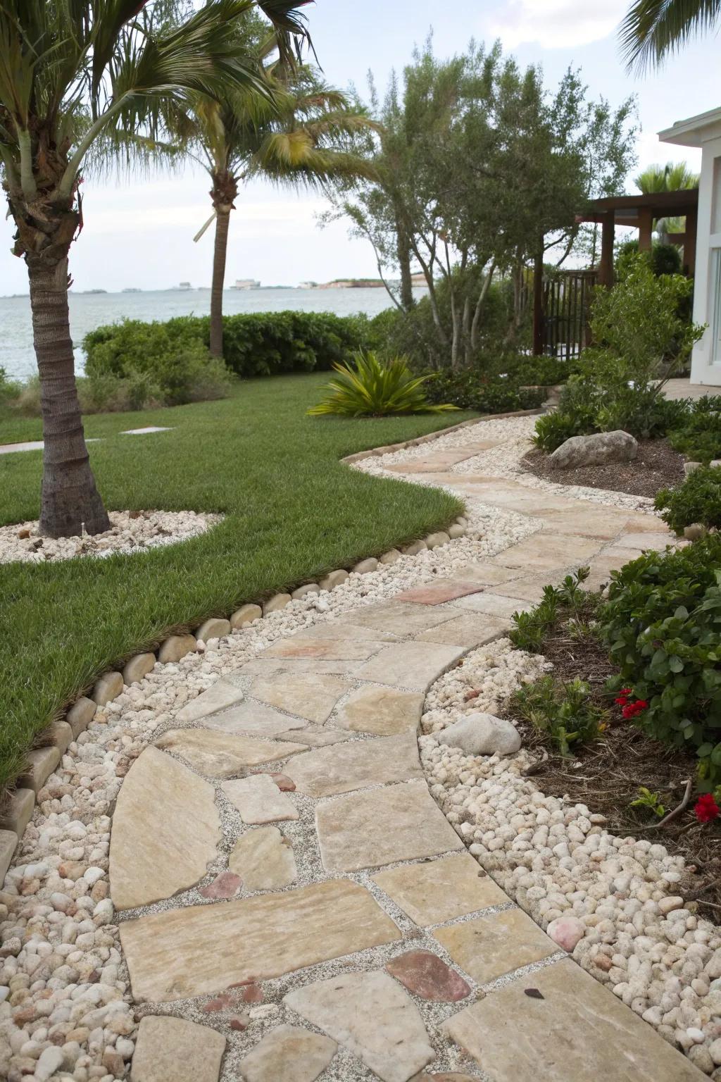 Crushed seashells adding a beachy vibe to flagstone paths.