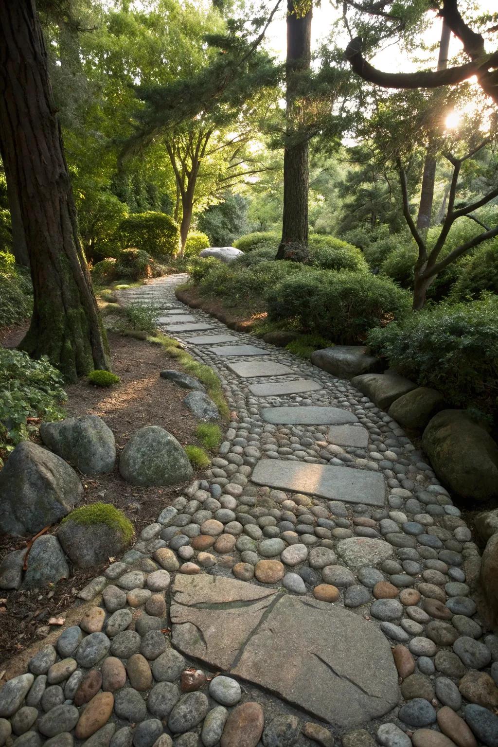 Smooth river stones creating a peaceful, Zen-inspired path.