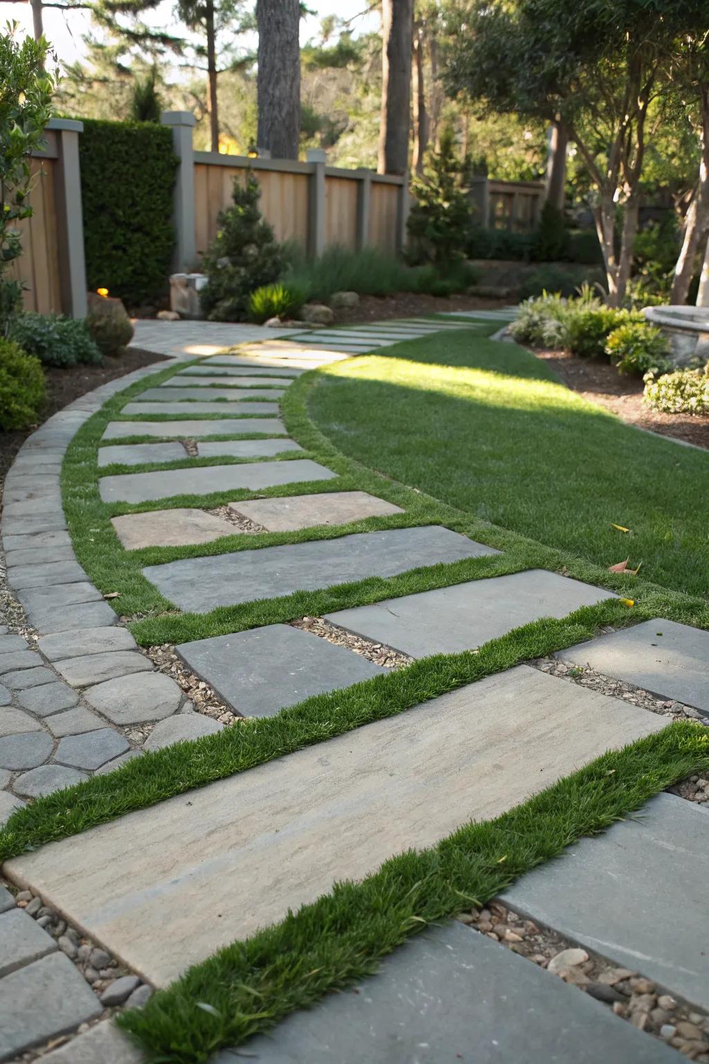 Artificial grass between flagstones for a neat and maintenance-free path.