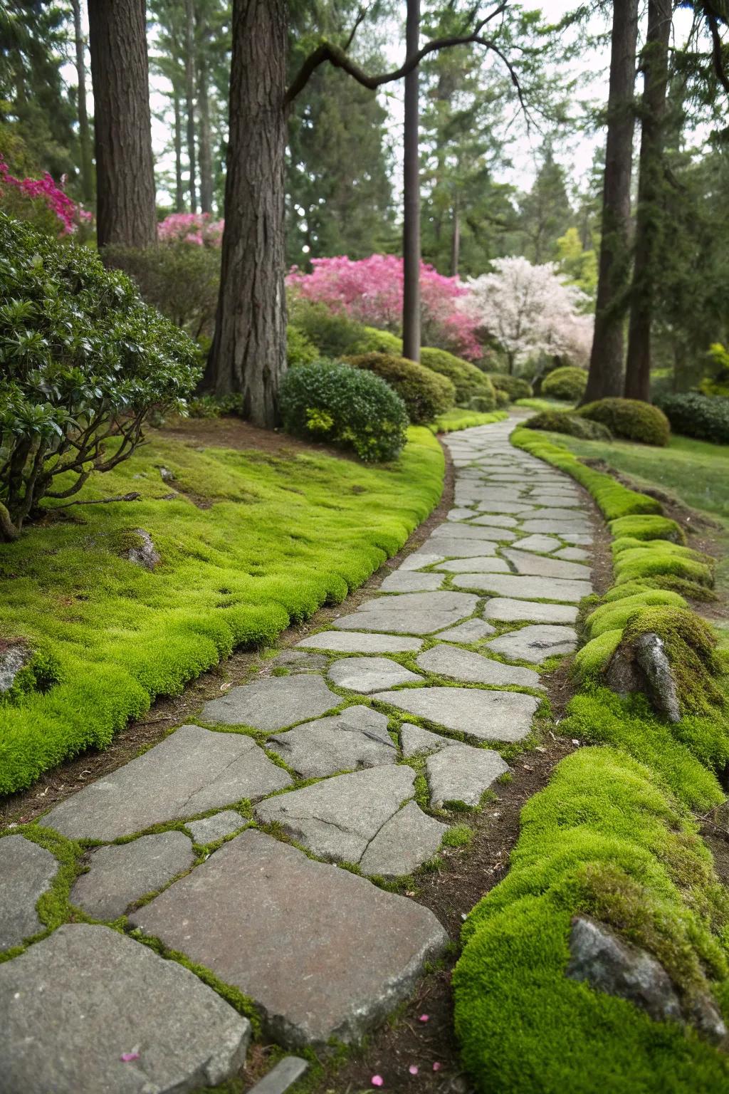 Soft moss growing between flagstones adding lush greenery.