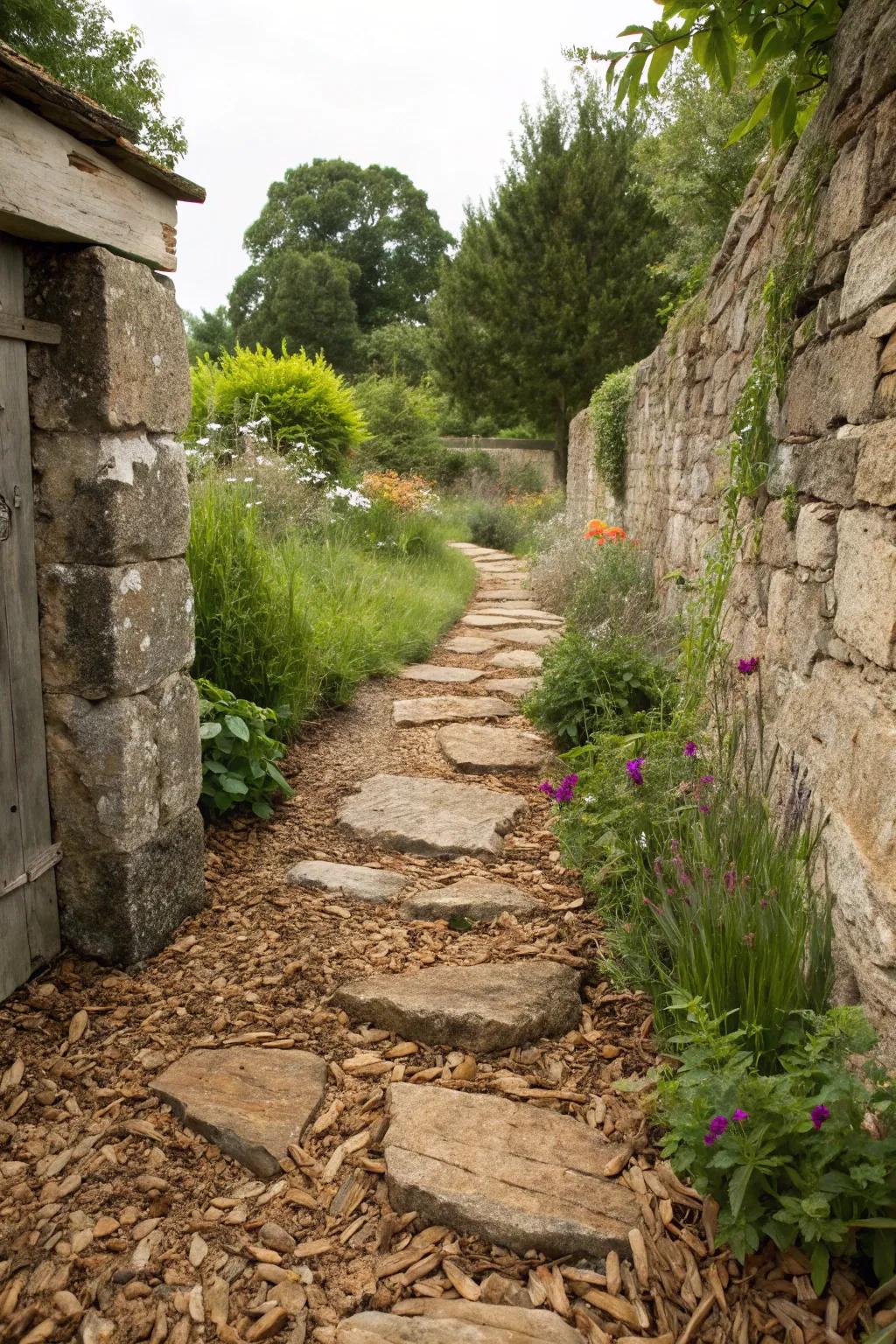 Wood chips providing a rustic, natural feel between flagstones.