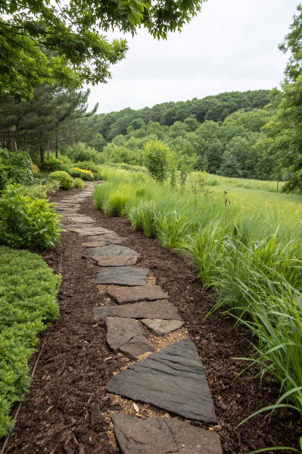 Mulch adding an earthy, natural touch between flagstones.