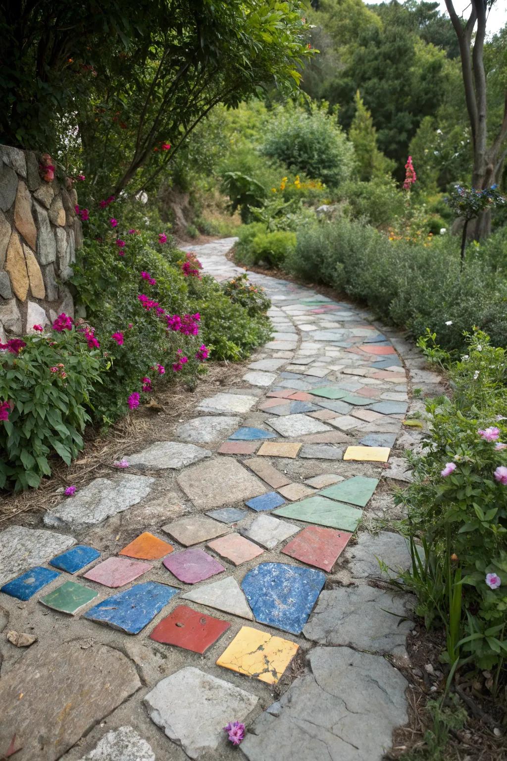 Colorful tile pieces adding artistic contrast between flagstones.
