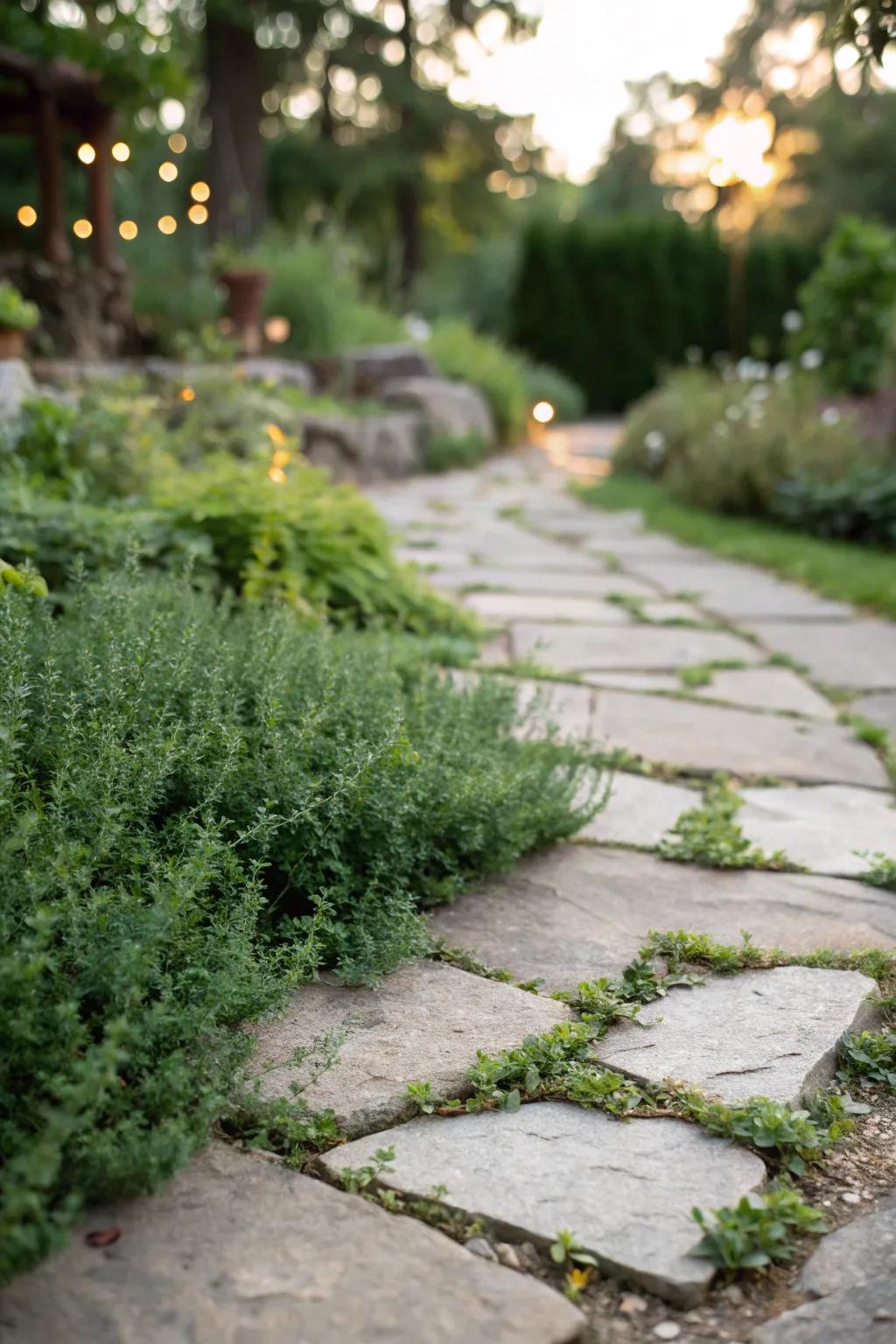 Creeping herbs adding scent and greenery between flagstones.