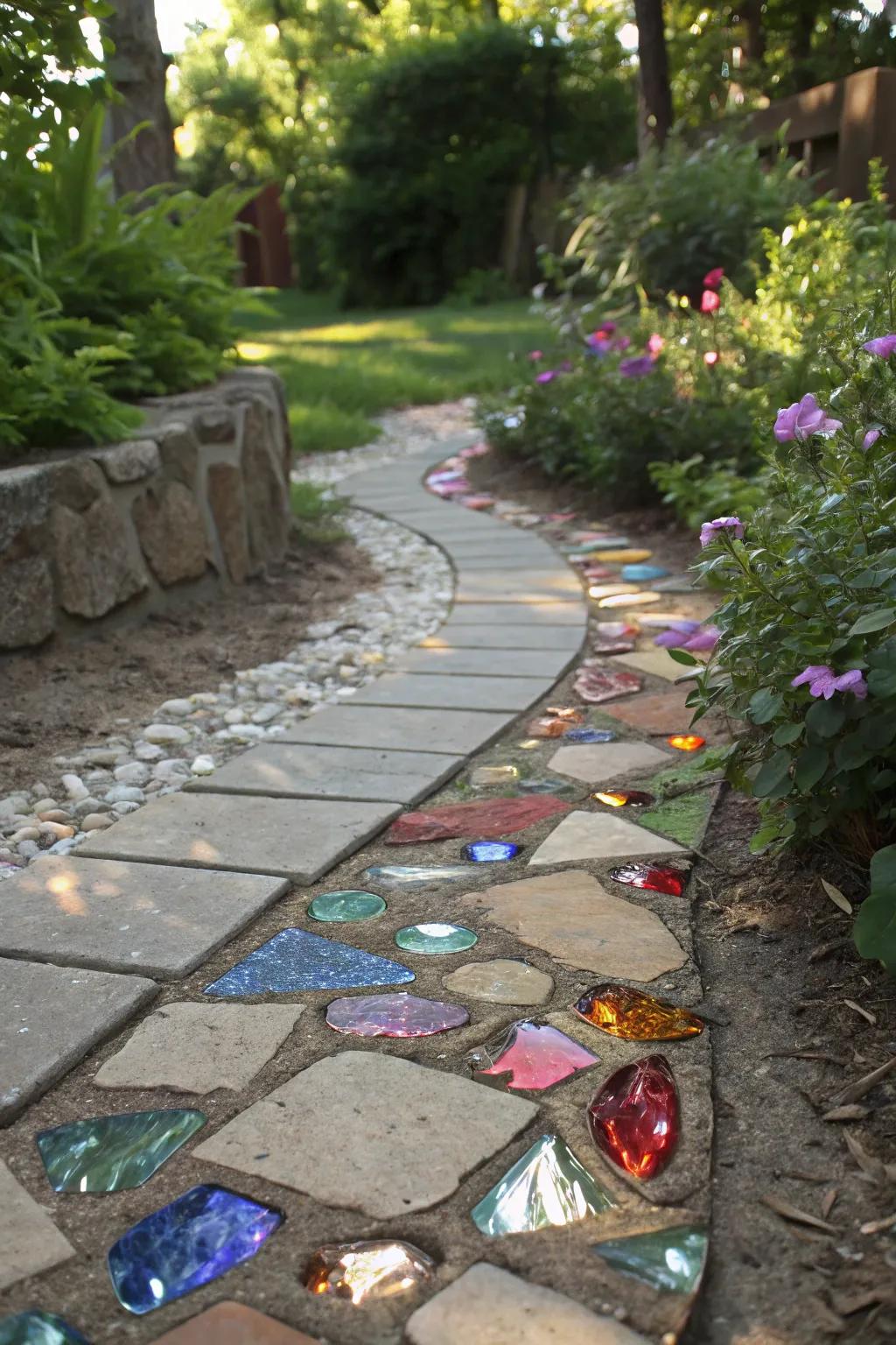 Recycled glass pieces shimmering between flagstones.