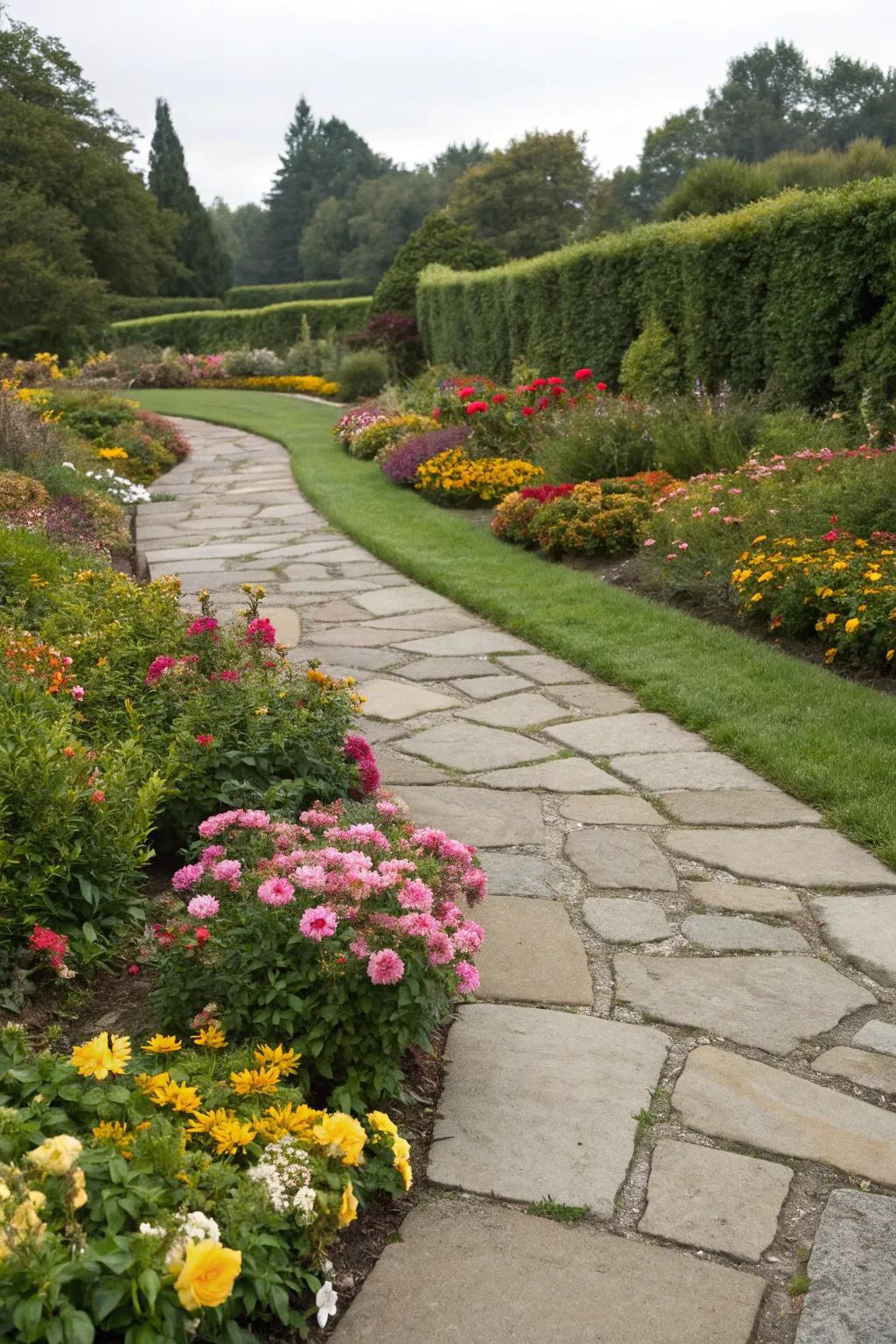 Garden borders framing a flagstone path with colorful plants.