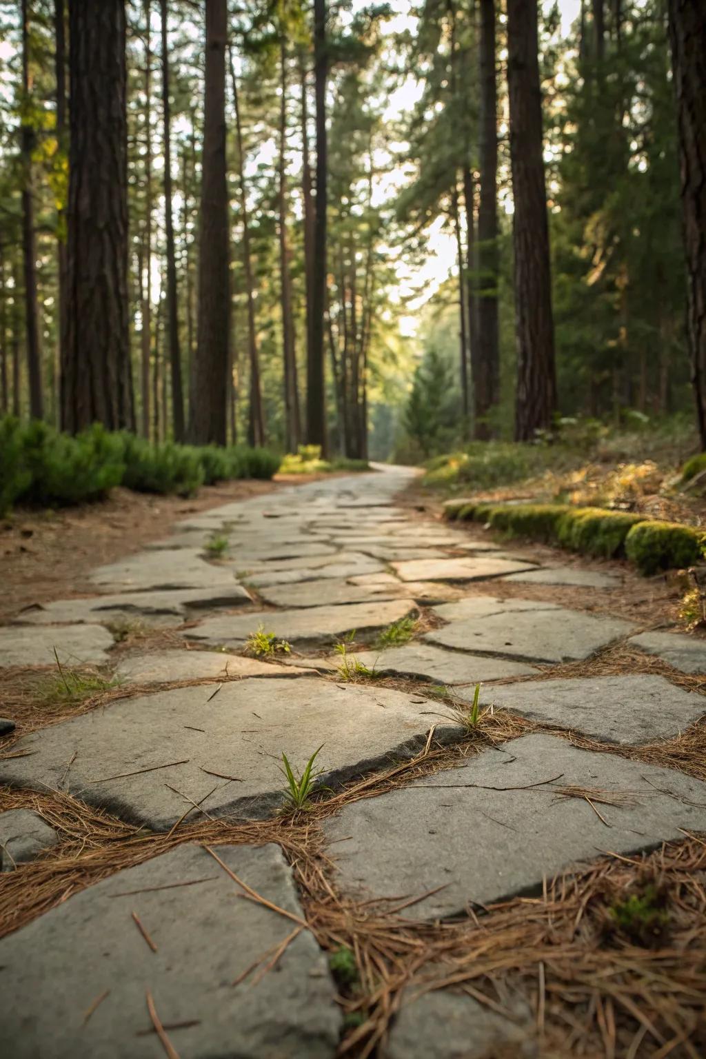 Pine needles adding a forest-inspired touch between flagstones.