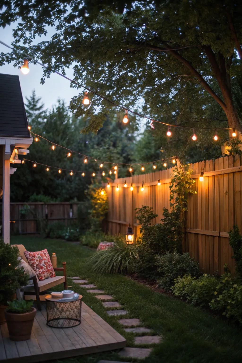 String lights create a cozy and private outdoor ambiance.