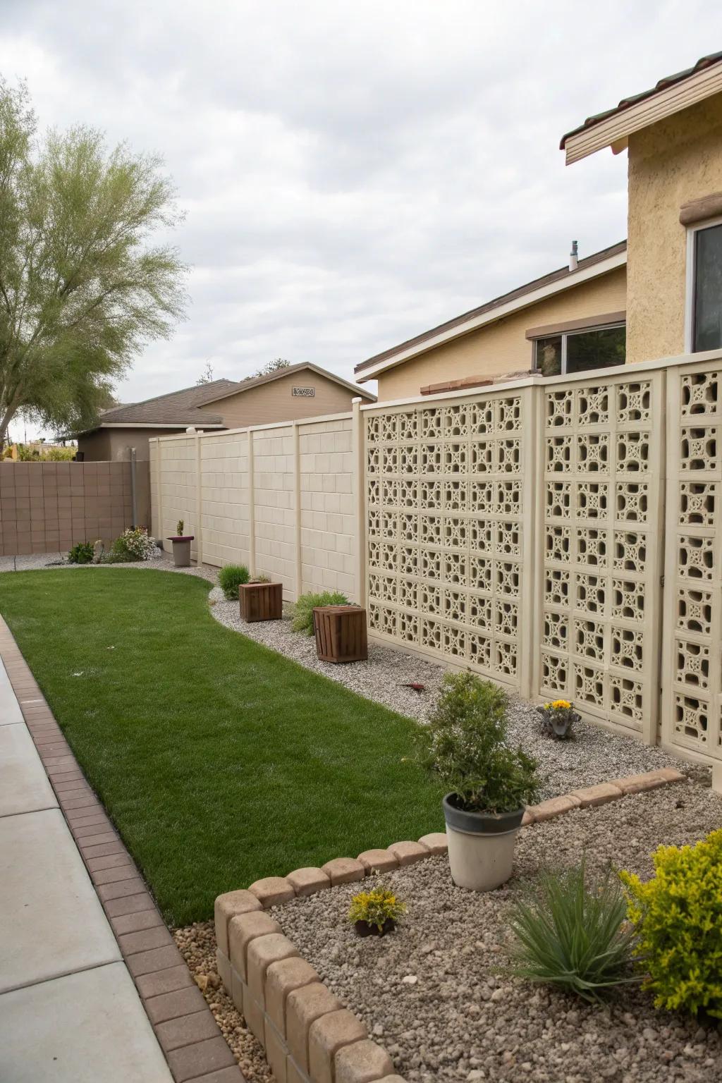 Patterned block walls combine privacy with creative design.